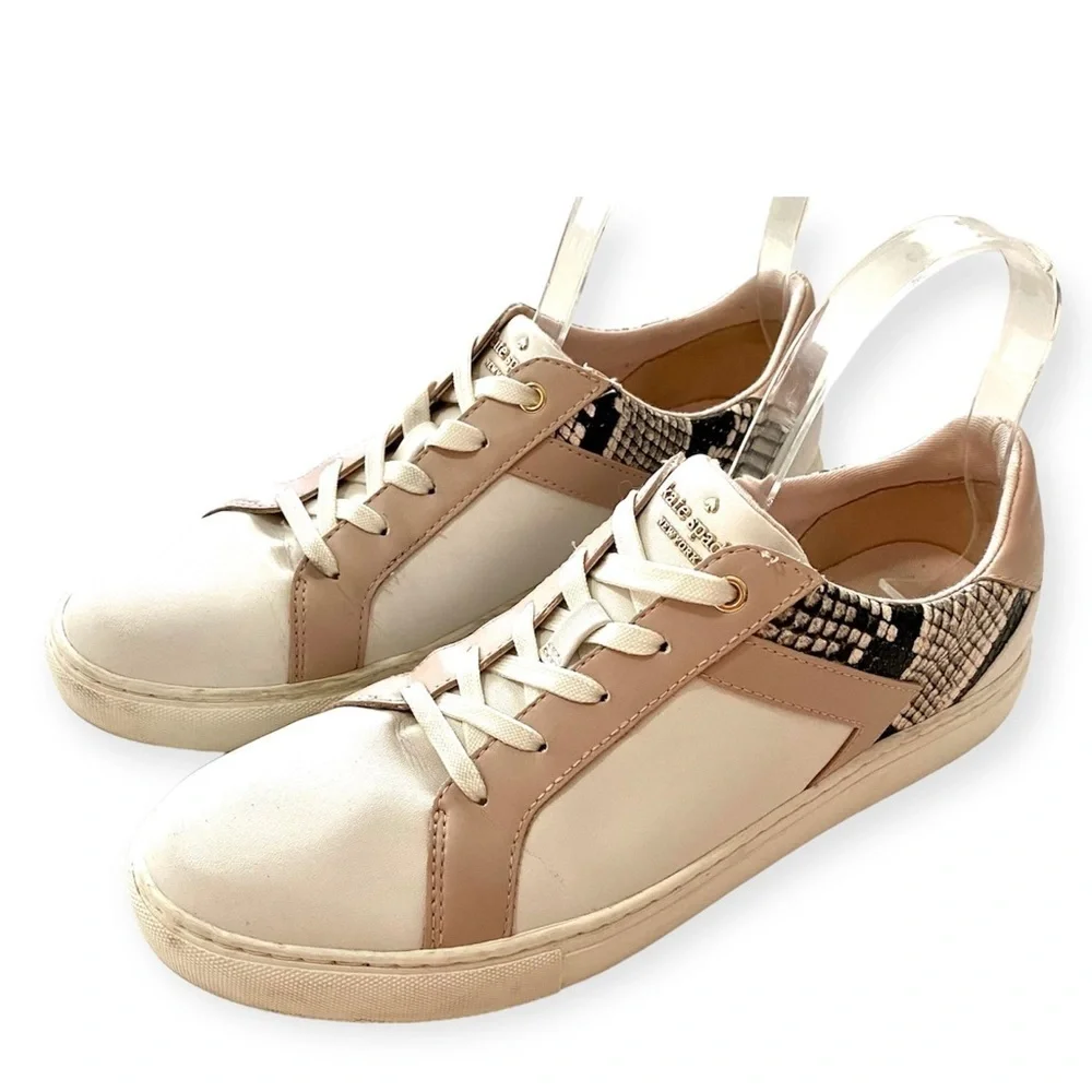 Kate Spade NY Dash White Pink Leather Sneaker Size 8.5 Snakeskin Panels Low Top